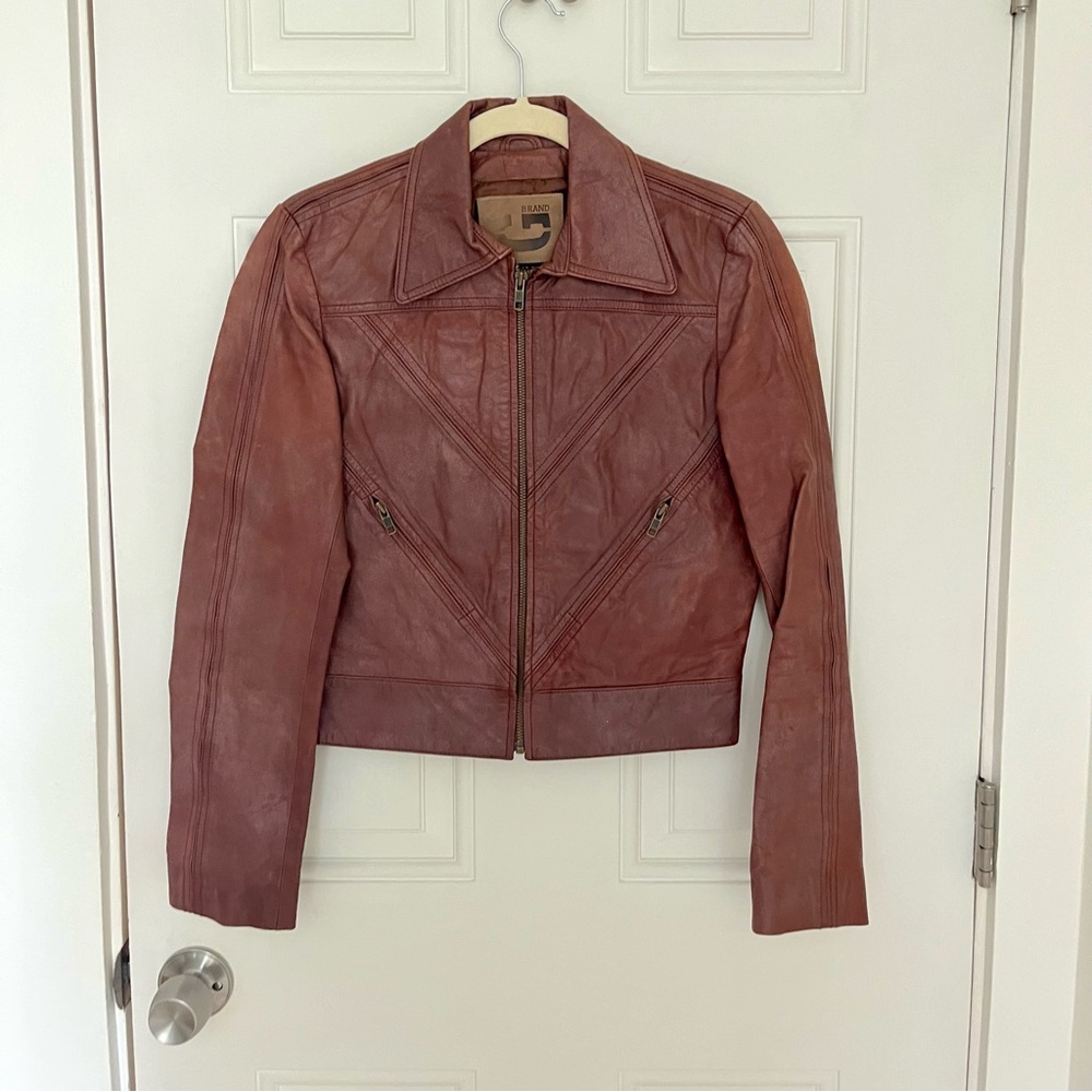 70’s-Style Chevron-Pattern Brown Leather Jacket by Guess